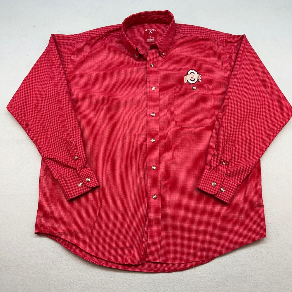 Antigua Ohio State Buckeyes Mens Large Red Micro Check Button Down Shirt L